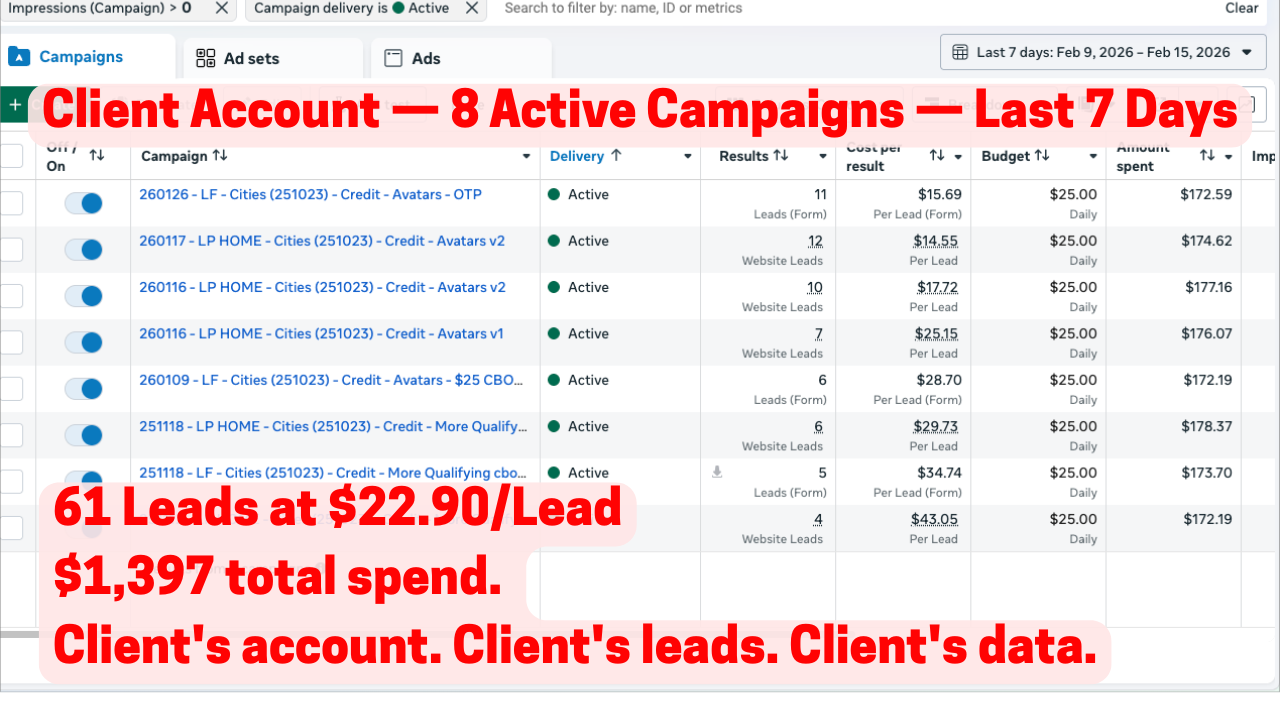 Client ad account screenshot, 61 leads at $22.90 per lead